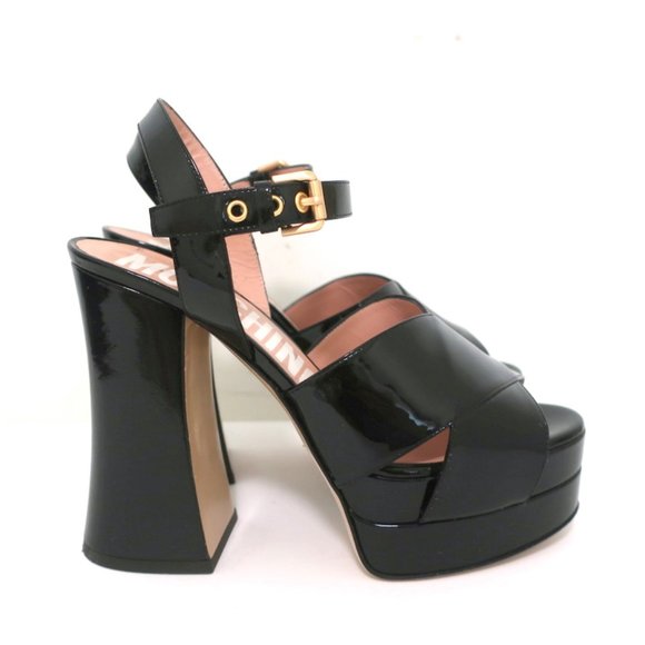 MOSCHINO PLATFORM FLARE-HEEL SANDALS BLACK PATENT LEATHER SIZE 38.5 - Picture 3 of 11